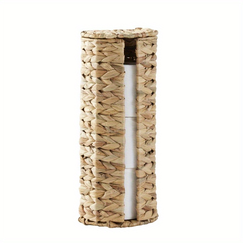 elegant beige woven tissue holder with lid natural hyacinth design round bathroom organizer for toilet paper stylish and functional home decor toilet paper holder Product details 5