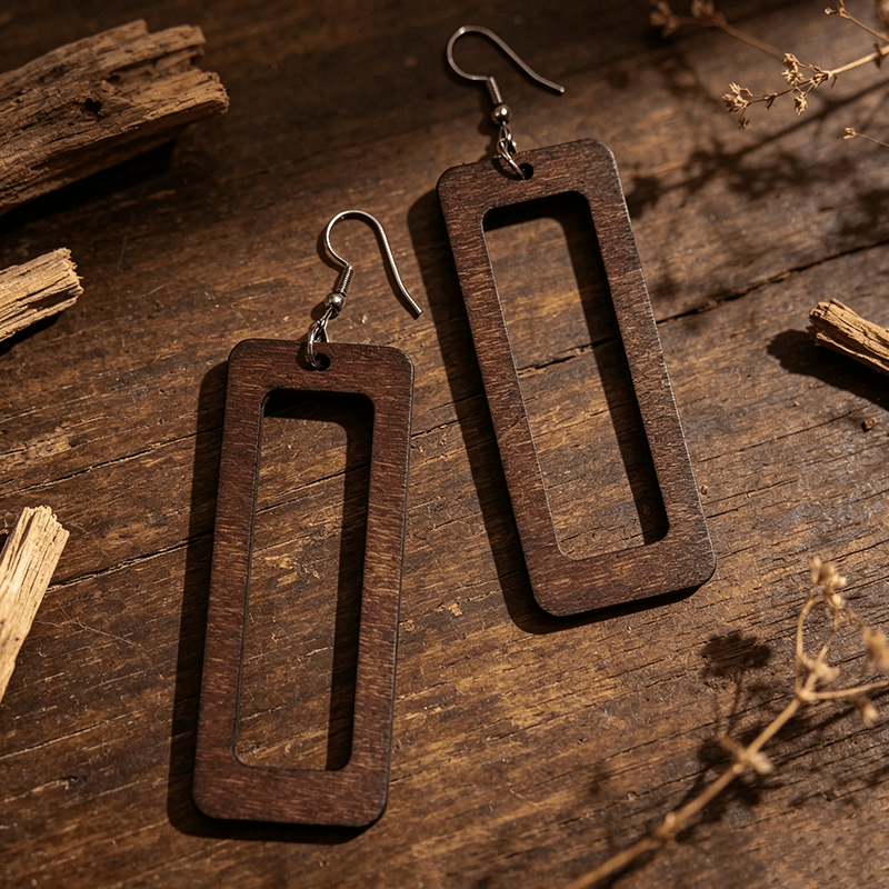Women's Ethnic Style Wooden Rectangular Earrings, Gift