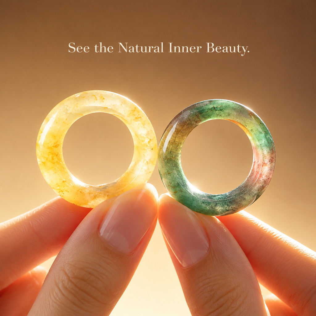 2pcs Yellow Jade & Multi-Color Agate Band Ring Set