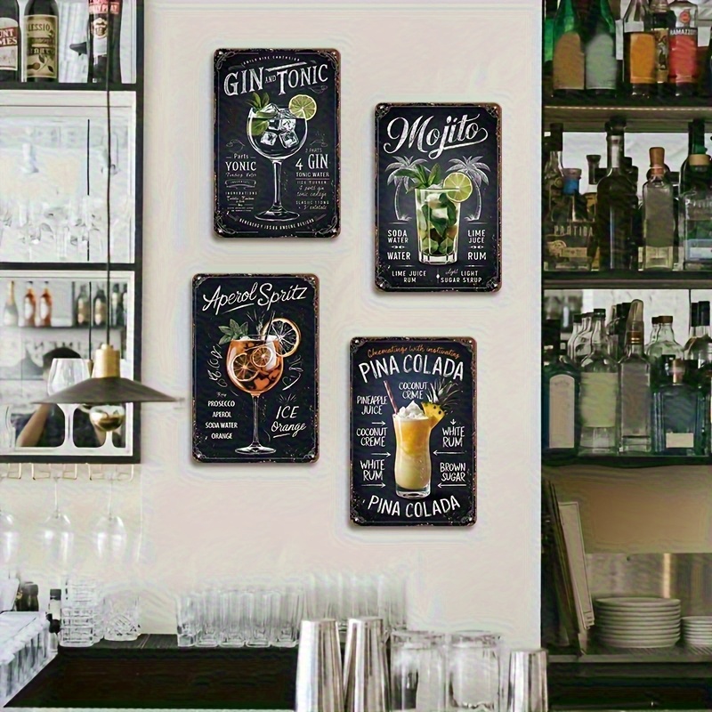 4pcs vintage cocktail recipe metal tin signs - 8 classic cocktail schemes, durable iron 20.32x30.48 cm, easy wall hanging for home bar kitchen decor, perfect gift for bartenders and home cocktail enthusiasts, handcrafted style,   for bar owners 0
