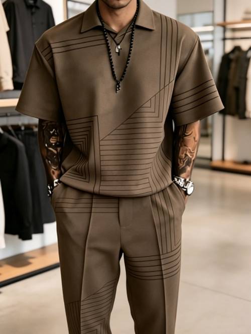 mens 2pcs shirt and sports suit breathable and quick drying two piece set with short sleeves and long pants suit plus size