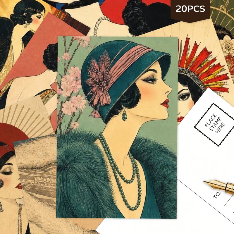 TEMU 20pcs Vintage Art Postcards Set, 1920s Flapper Lady Themed Blank Postcards For Mailing Thank You Notes Party Supplies Wall Art Decor