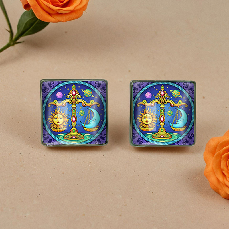 2Pairs Retro Sun Moon Balance Pattern Square Stud Earrings, Gift Set