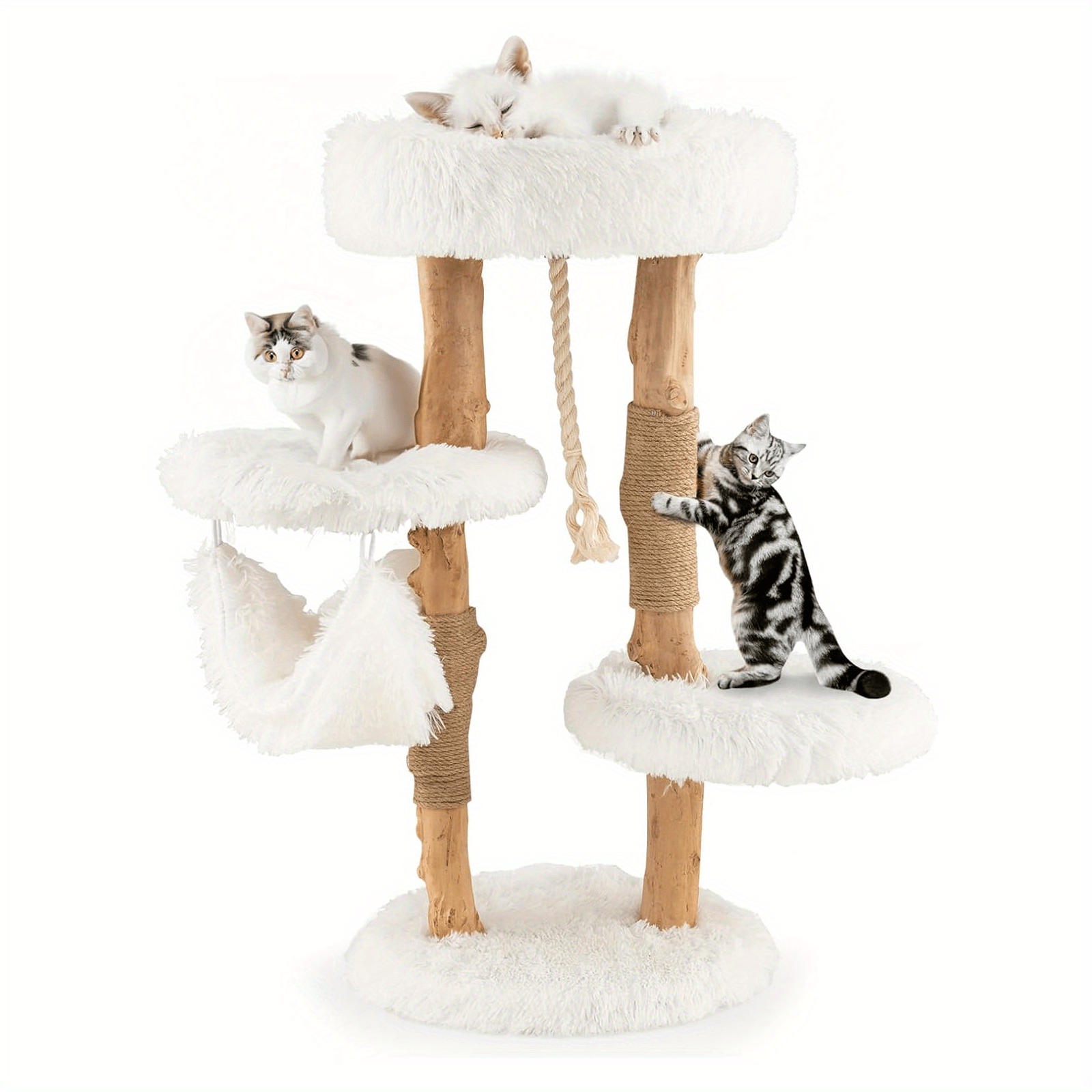 Image of 87cm Wooden Scratching Post, Cat Tree With Hammock & Sisal Rope & Plush Seats, Cat Tower With Jute Scratching Post, Cat Furniture Solid Wood, Cat Scratching Post Climbing Tree Cats, White