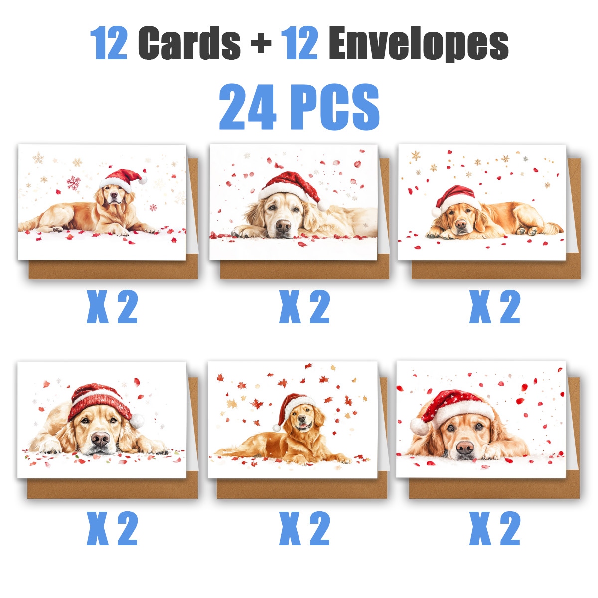 TEMU 1 lot/ 12 pièces/ 24 pièces de cartes de vœux de Noël avec des Golden Retrievers portant des chapeaux de Père Noël | Inclut des enveloppes,