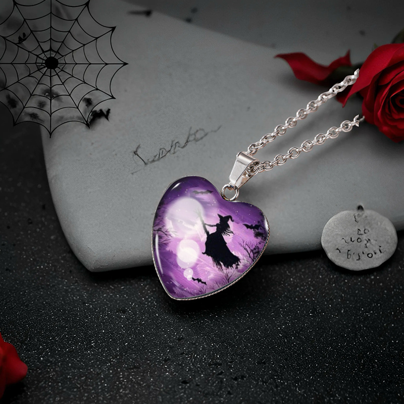 Purple Starry Night Witch Heart Pendant Necklace