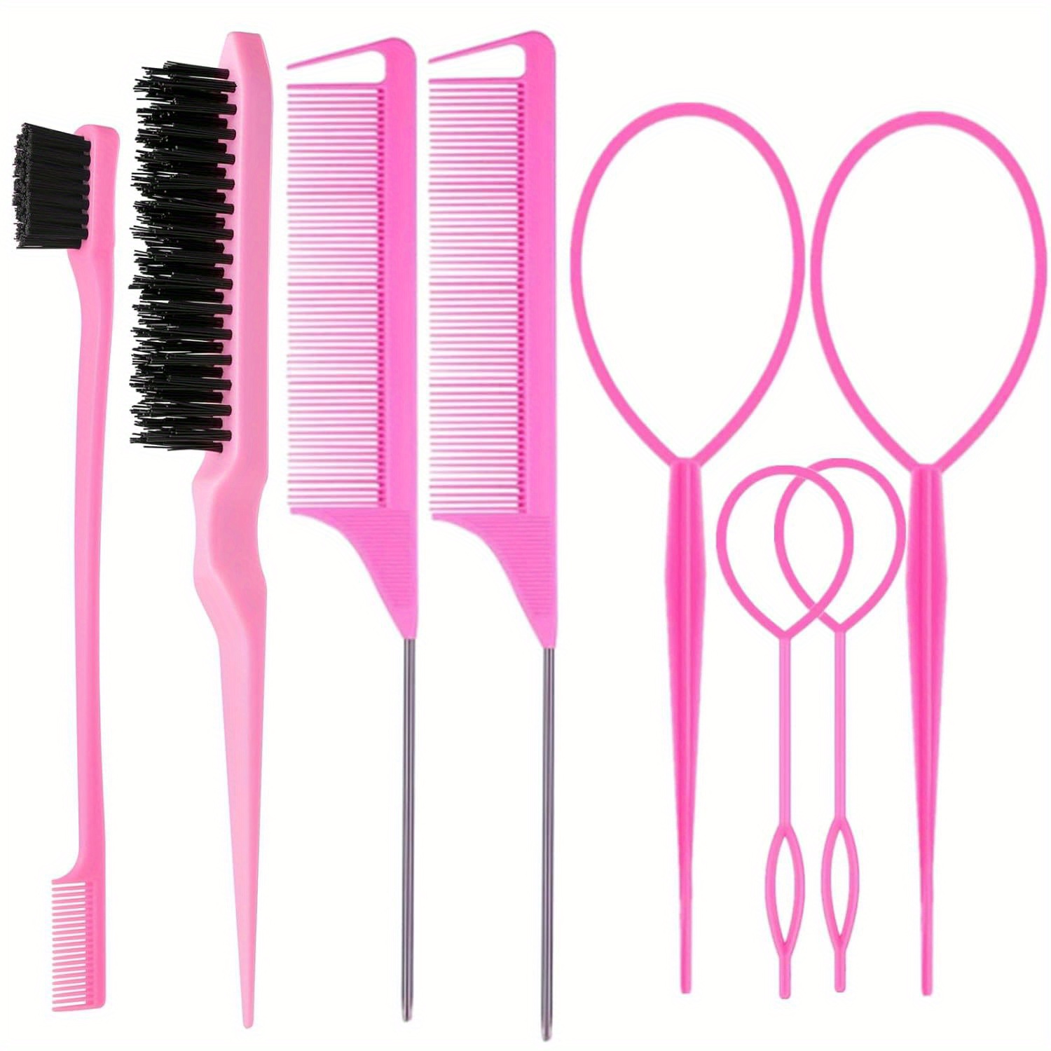 E-shop 8-teiliges Haarbürsten-Set mit 4 Topsy-Haarschwanzwerkzeugen, 1 Bristle-Teasing-Haarbürste, 1 Kantenkontrollierende Bürste und 2