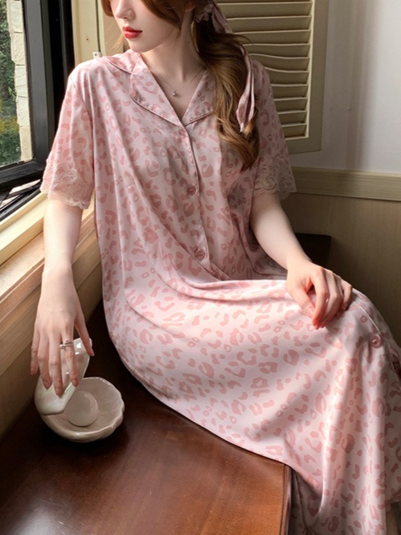 womens elegant   print nightgown non stretchy yet   shirtdress lightweight loungewear for women   dress for bedroom lounging casual outfits summer sleepwear satinlike texture lace trim collars durable satinlike fabric
