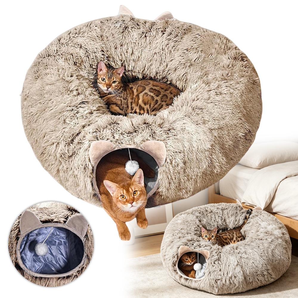 Cat Tunnel Bed, 90cm Interactive Cat Tunnel With Soft Plush Surface And 2 Central Holes, Fun Play Toy For Indoor Cats