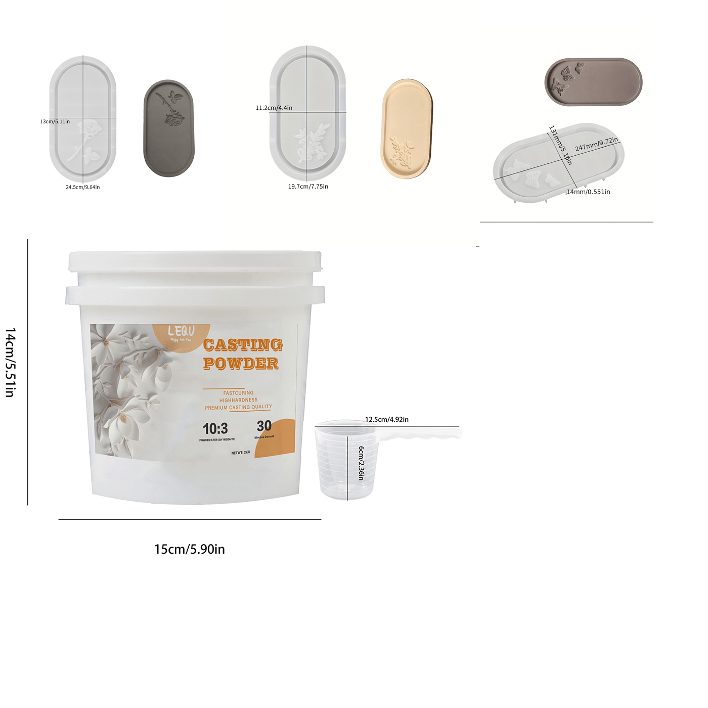 Image of 2kg Bucket Of Plaster Powder And Mold Set, 3pcs Oval Tray Molds, With Bouquet And Rose Relief Design. Suitable For Home Desktop Decoration, Holiday Atmosphere Arrangement, Handicrafts, And Gifts