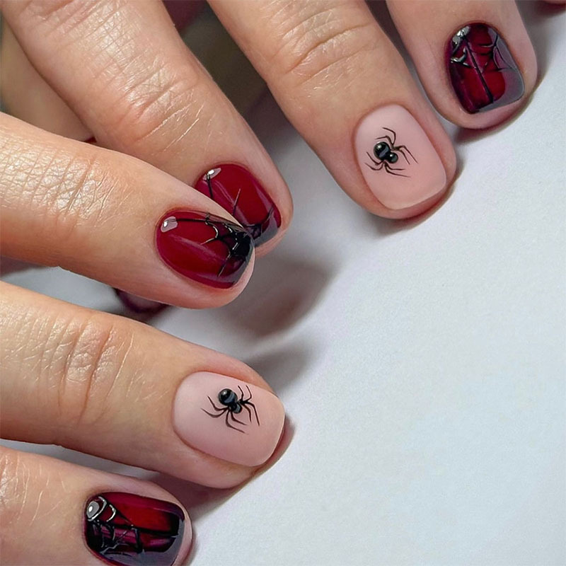 TEMU 24pcs Faux Ongles Courts Halloween à Noir Rouge Dégradé Relief Toile d'Araignée Pointes d'Ongles Faux Pièces d'Ongles d'Araignée Épicées Noires