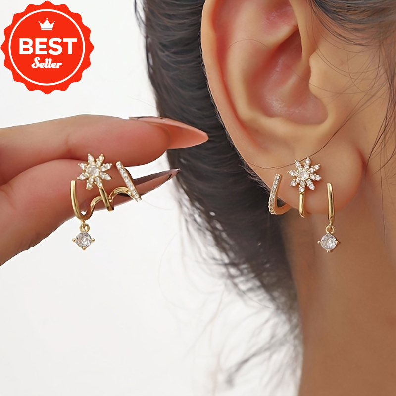 TEMU Hypoallergenic Geometric Cz Drop Earrings - Nickel-free Golden-tone , Luxurious Jewelry For Women's &