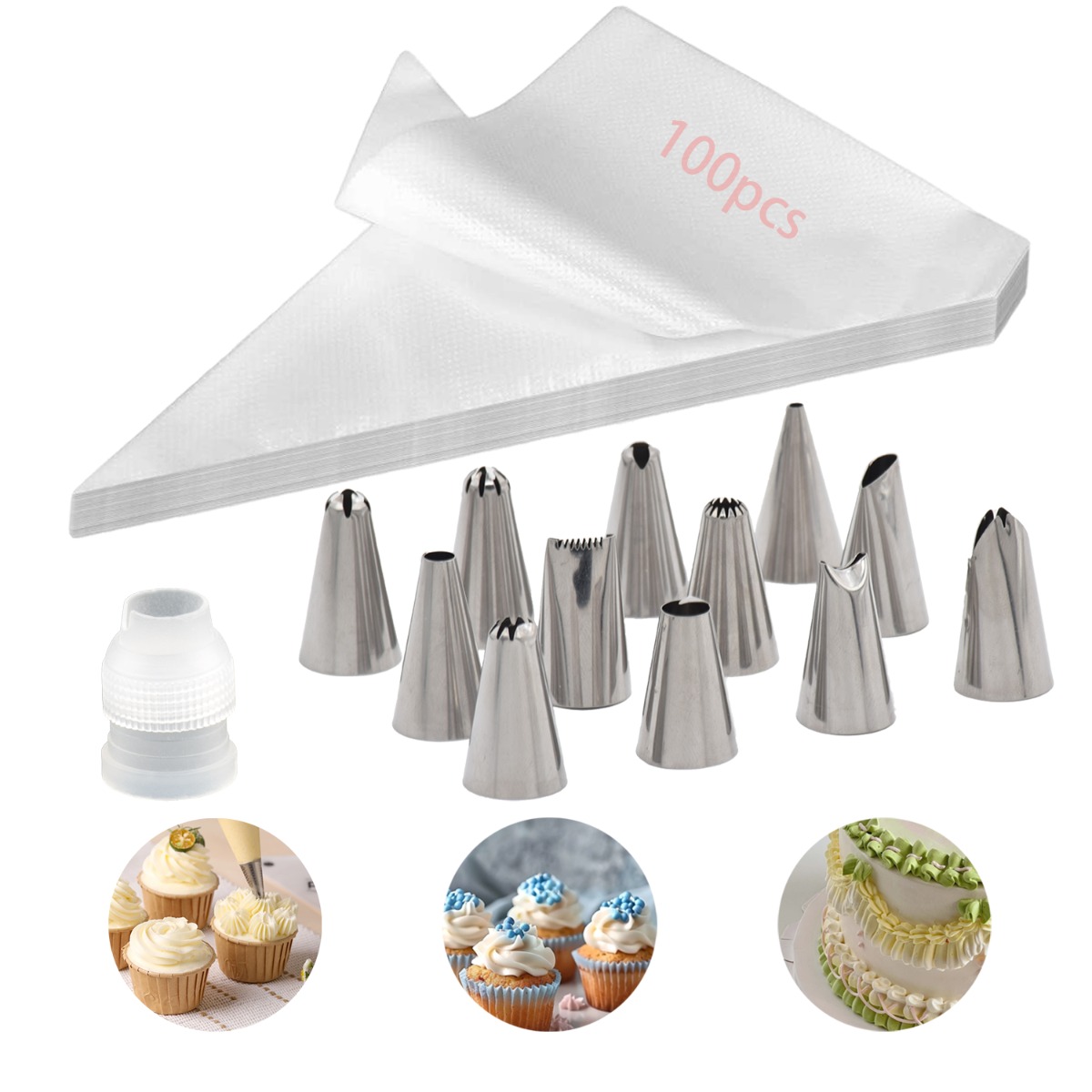 das set enthält 100 spritzbeutel, 12 edelstahl-düsen und 1 konverter zur dekoration von kuchen, cupcakes und gebäck.