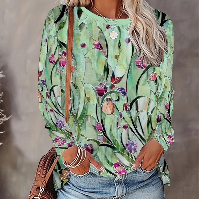 

Women's T-shirt Print- Comfy Long Sleeve Crew Neck - Spring & Fall Casual Wear