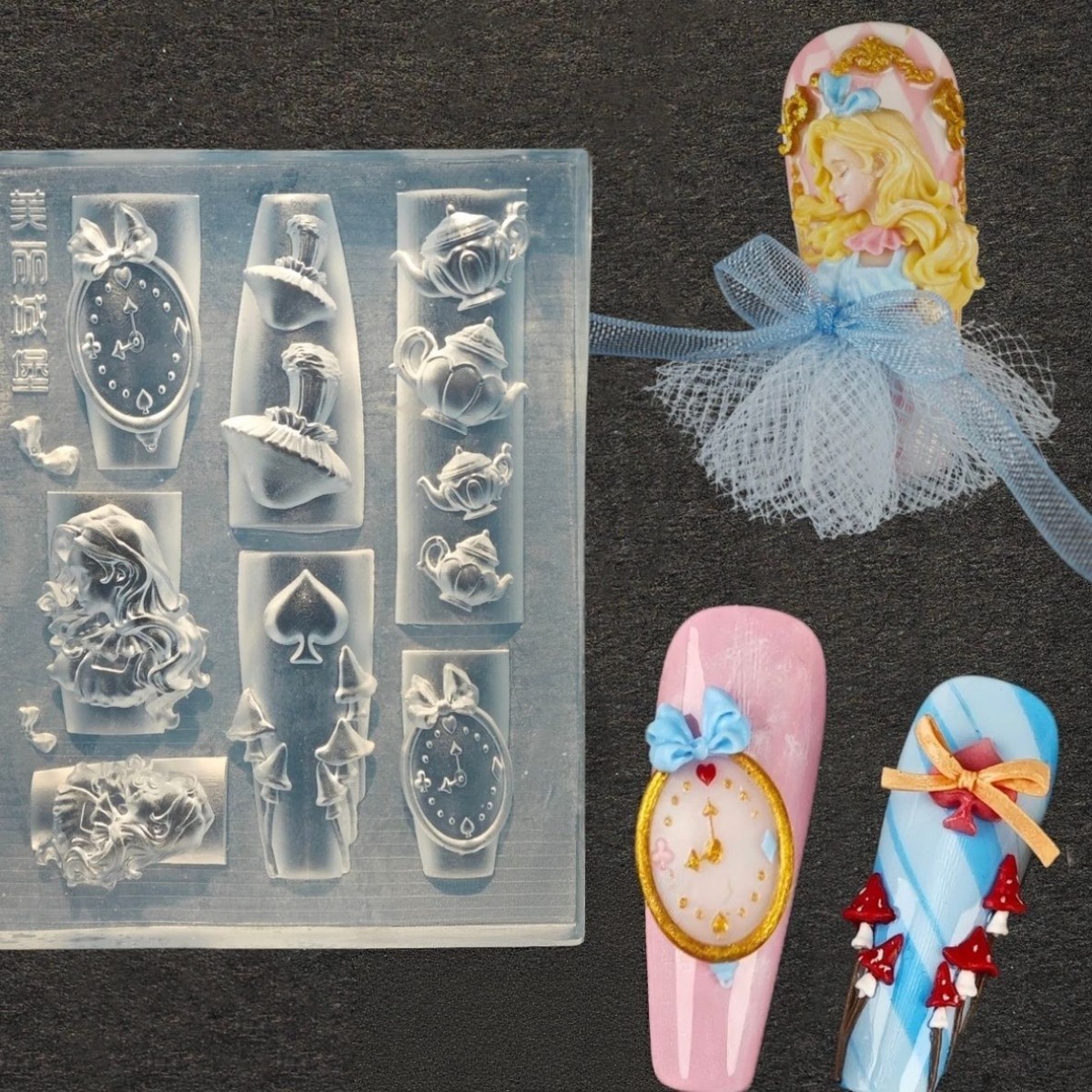 3pcs Nail Mold Mushroom Teapot Clock Three-dimensional Engraved Mold