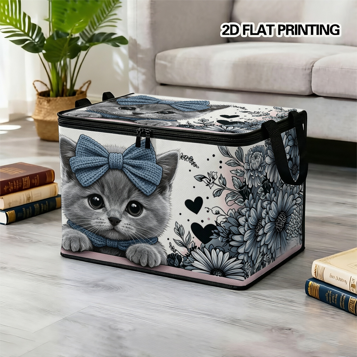 TEMU 1 Boîte de rangement pliable avec fermeture éclair, Cadeau personnalisé 2D avec motif floral chat et bleu, Impression de style premium, Idéal