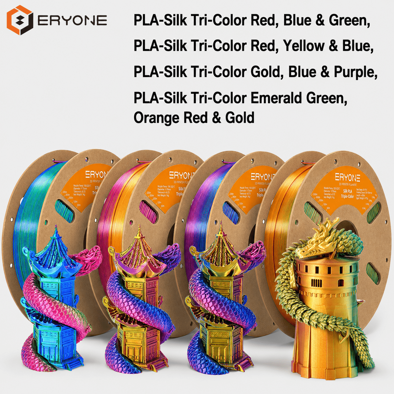 Image of Eryone Tri-color Set 3d Printing Supplies Filament For 3d Printer, 4 Rolls(4kg Total) 1.75mm +/-0.03mm Tolerance, Smooth Feeding