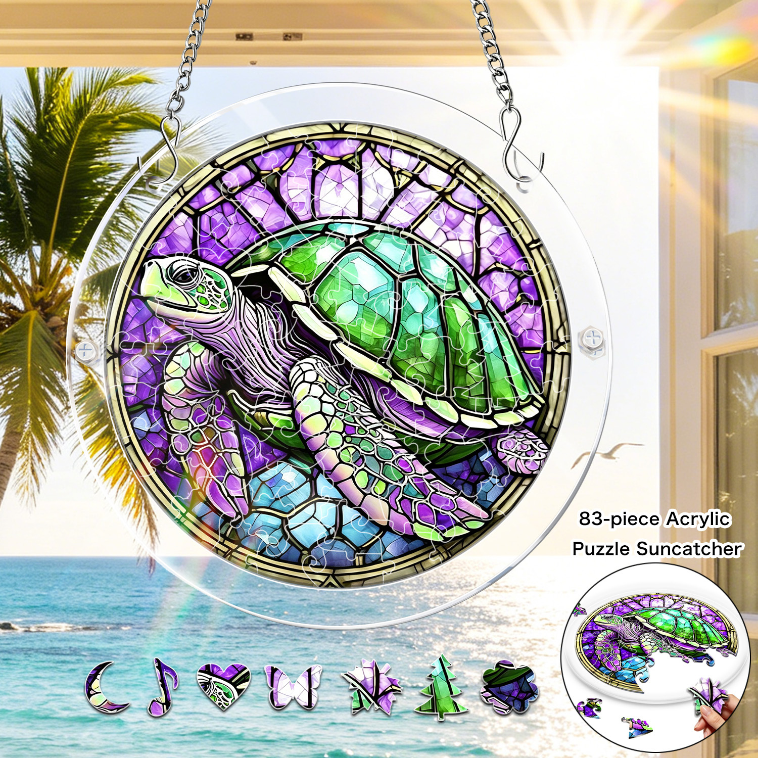 item picture 2d flat 1 set colorful turtle acrylic puzzle sun catcher 83pcs 7 4 inch stained style sunset puzzle sun catcher window hangingon suitable for beach and balcony summer   catcher suitable for home and office and cottage ocean coastal