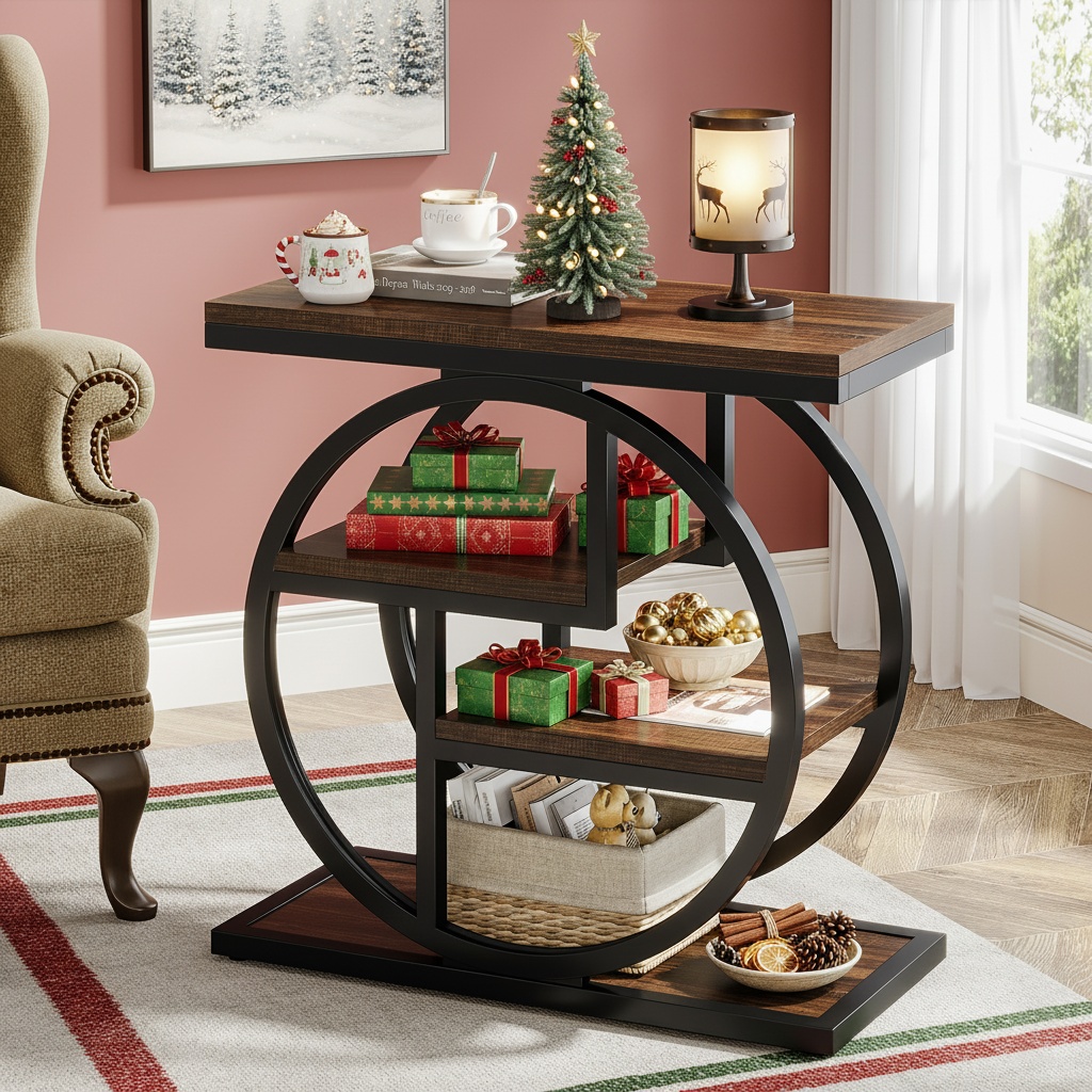 4-tier Narrow End Table For Living Room, Industrial Bedside Table With Storage Shelves, Small Wooden Sofa Side Table, Geometric Metal Frame, Rustic Brown