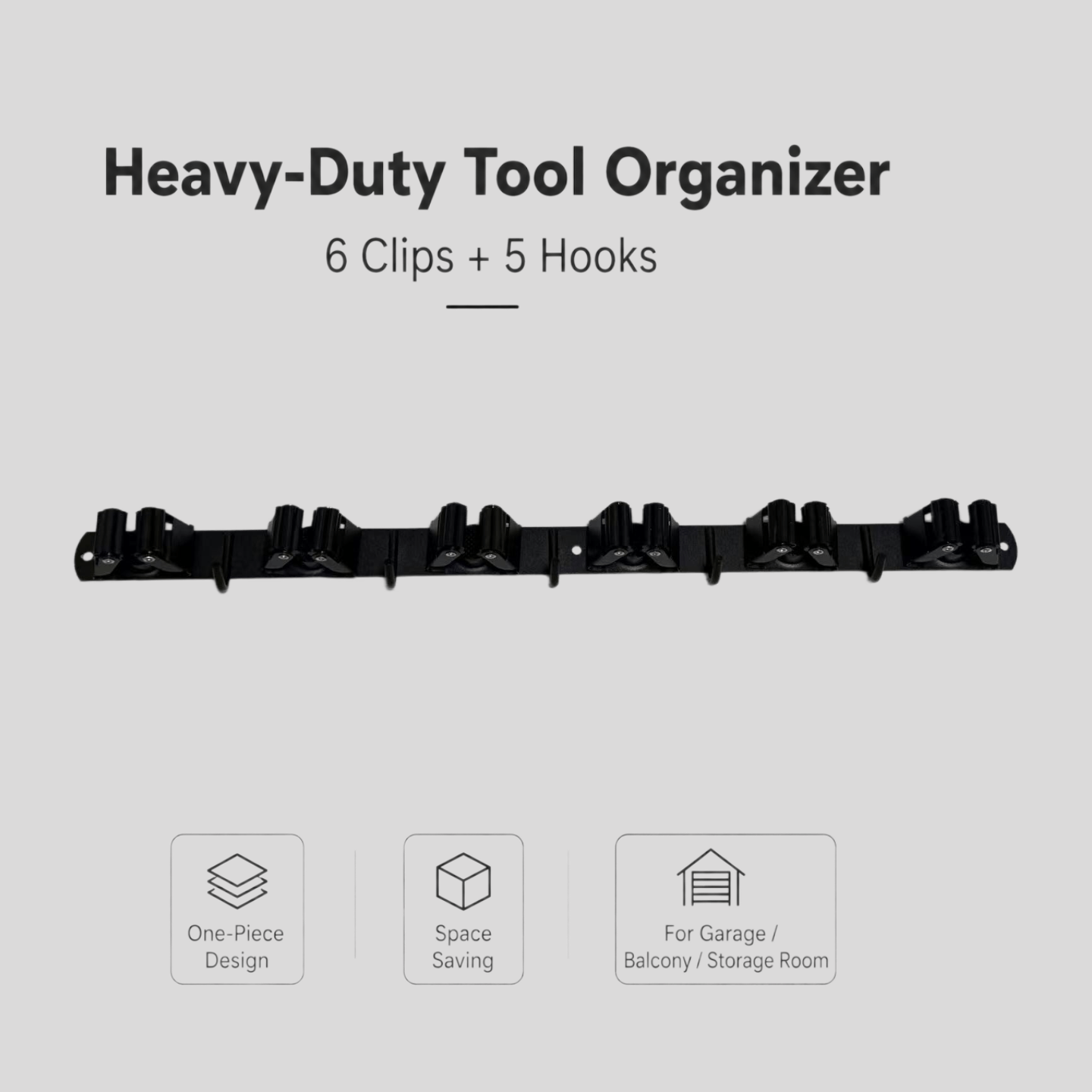 TEMU Porte-outils robuste avec 6 pinces et 5 crochets, support de rangement pour outils de type tringle pour pelles de jardin, balais, serpillières,