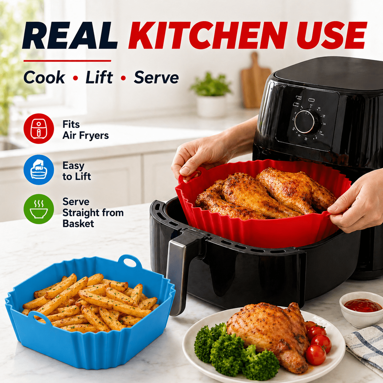 TEMU 2pcs Reusable Silicone Air Fryer Liner Set - Upgraded, Thickened, Food-grade Material; Spill-proof Rim Design Reduces Grease Mess; Easy To Clean
