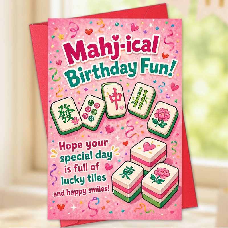 TEMU 1pc Greeting Card And 1pc Envelope. 2d Flat Mahjong Birthday Card, -themed Card, Pink Festive , Suitable For , Family, Colleagues, Mahjong