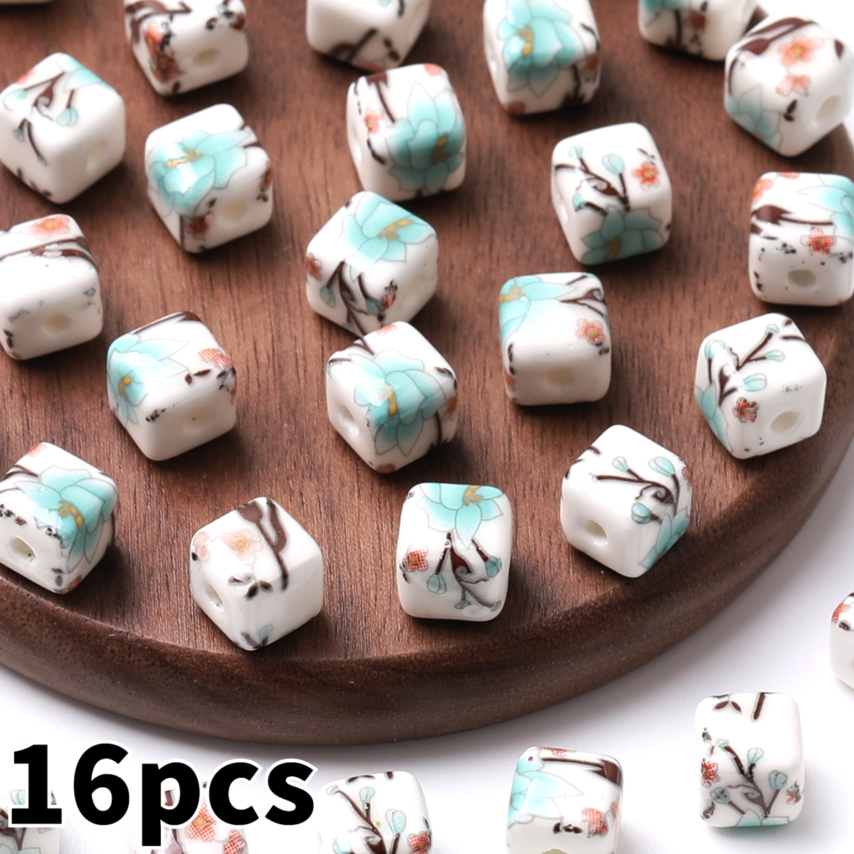 8pcs/16pcs Cube Printed Flowers Glazed Square Ceramic Beads for DIY Jewellery