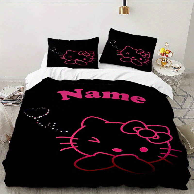 

3pcs Custom Name Hello Kitty Printed Bedding Set Duvet Cover Closure Includes 1 Duvet Cover & 2 Pillowcases For All Bedroom Decor