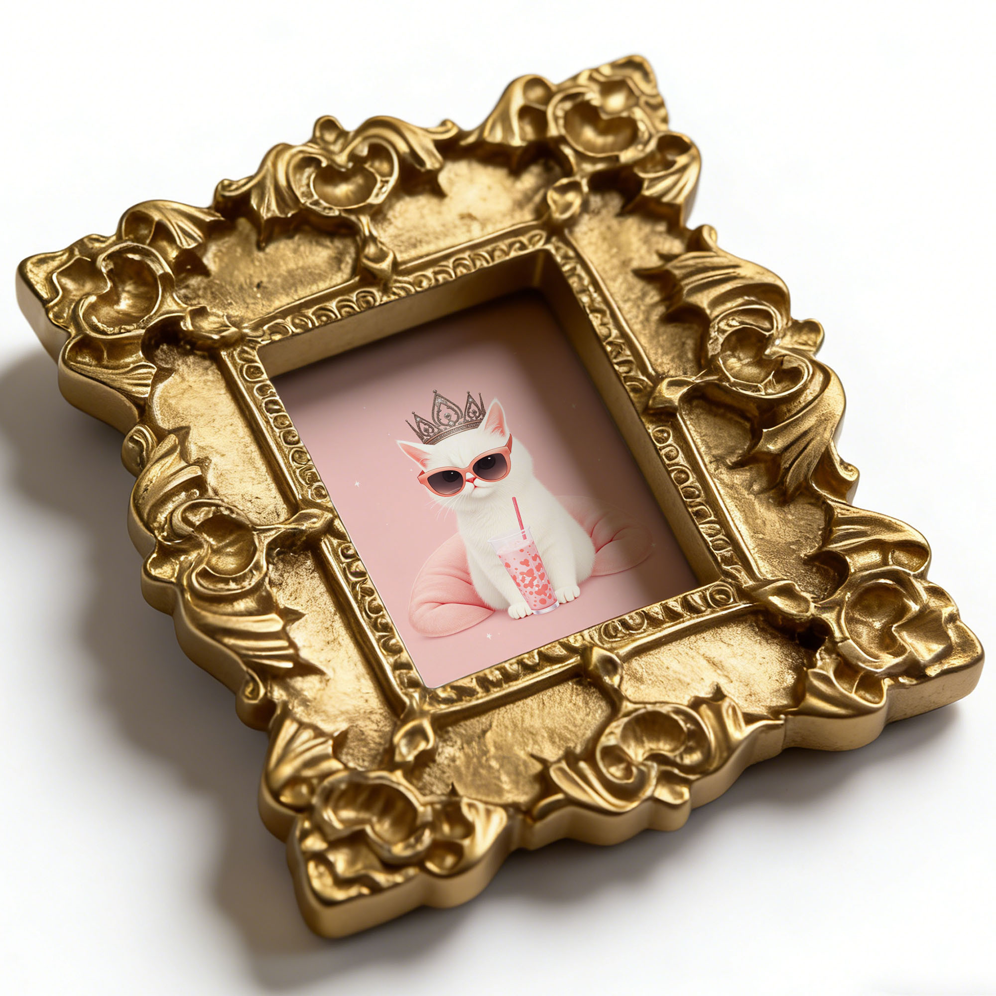 TEMU A Single Magnetic Fridge Magnet Featuring A Charming White Cat With A Crown And A Pink Smoothie Design. This Small, Creative Fridge Sticker
