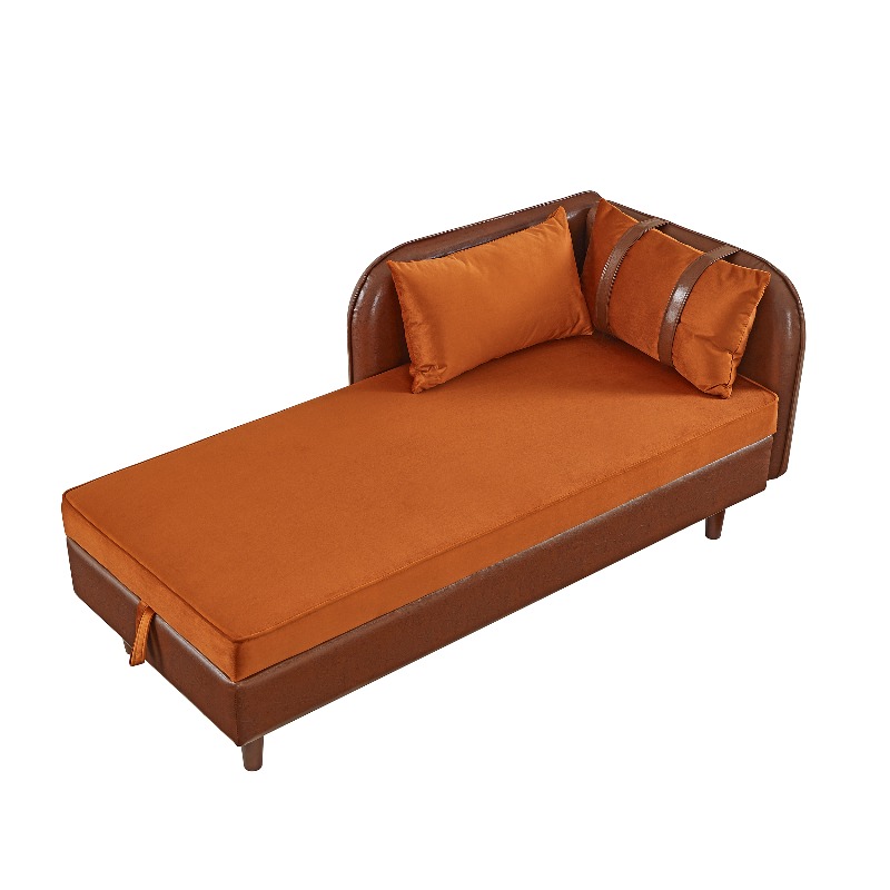 65-Inch Storage Chaise Lounge Sofa in Brown PU And Orange Velvet