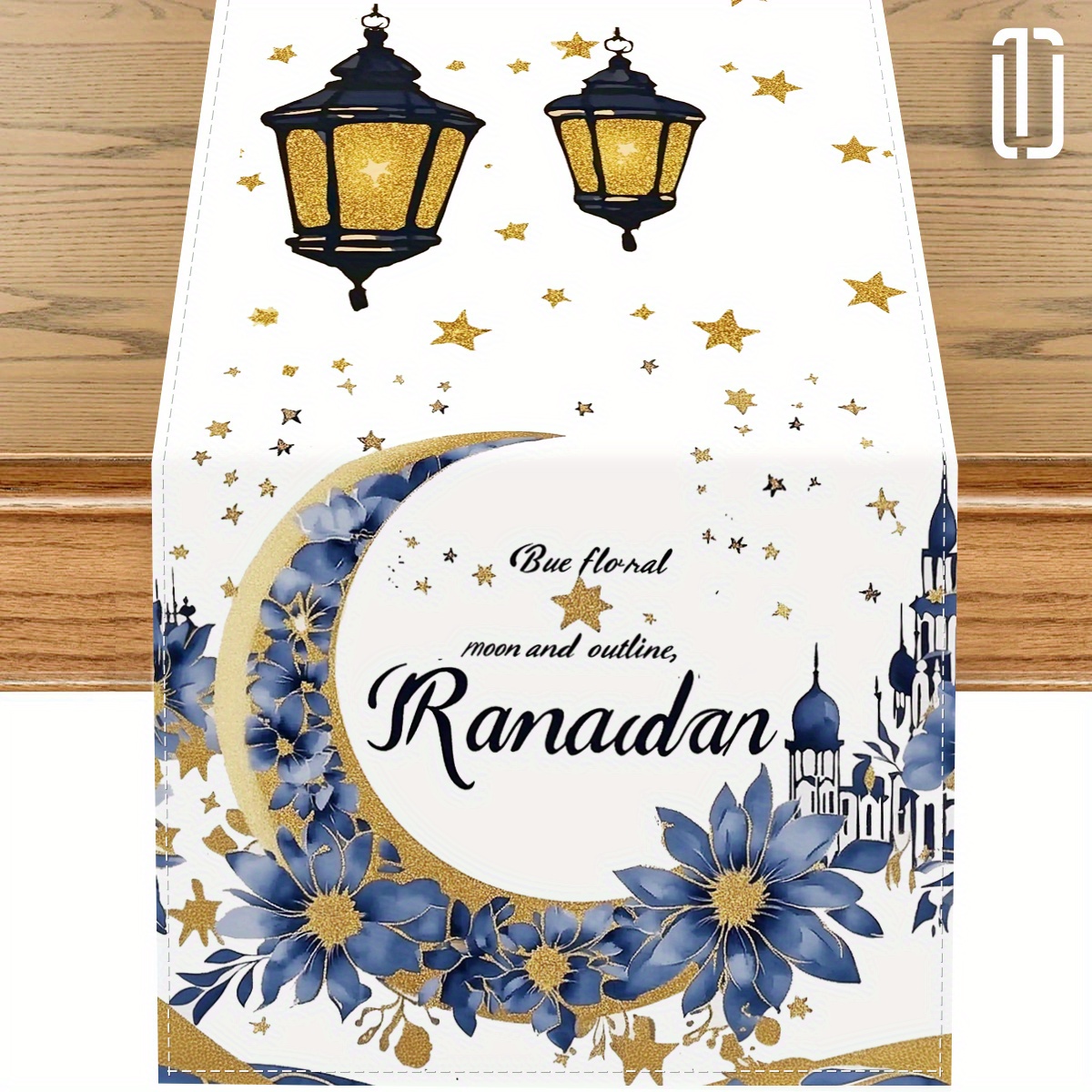 

1pc Elegant Ramadan Table Runner - 13x72 Inch, Polyester, Woven, Featuring Blue Floral & Golden With Motif - Seasonal Home & Party Decor, , Ramadan Decoration