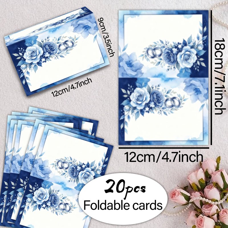 TEMU Seat Cards | 20pcs 20pcs Foldable Wedding Seat Cards Paper Desktop Decorations Table Cards Seat Cards Blue Watercolor Floral Rings Pattern For