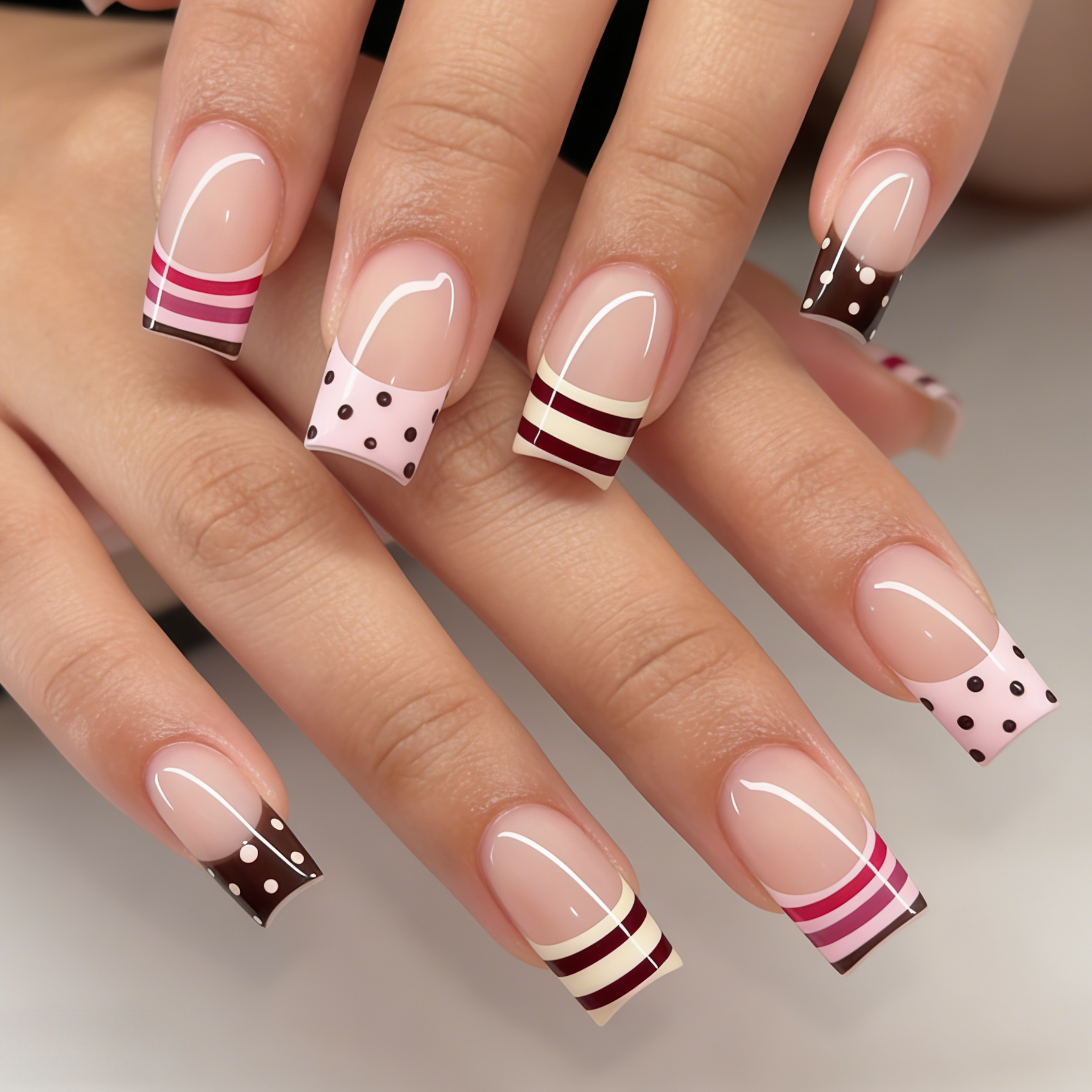 TEMU Enhance Your Beauty 24pcs Summer Mid-tube Nail Art Y2k Elegant Polka Dot Colored Stripes Lines Glossy Shiny Fake Nails Fashionable All-match