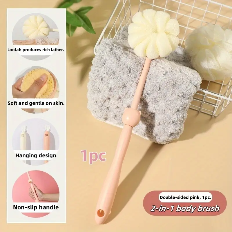 2 in 1 long handle shower brush luffa sponge with bear grip soft dense bristles anti slip hanging design for gentle exfoliating back scrub ergonomic bath shower tool shower accessories bathing accessory bathroom decor body scrubber hygienic material personal hygiene Product details 18