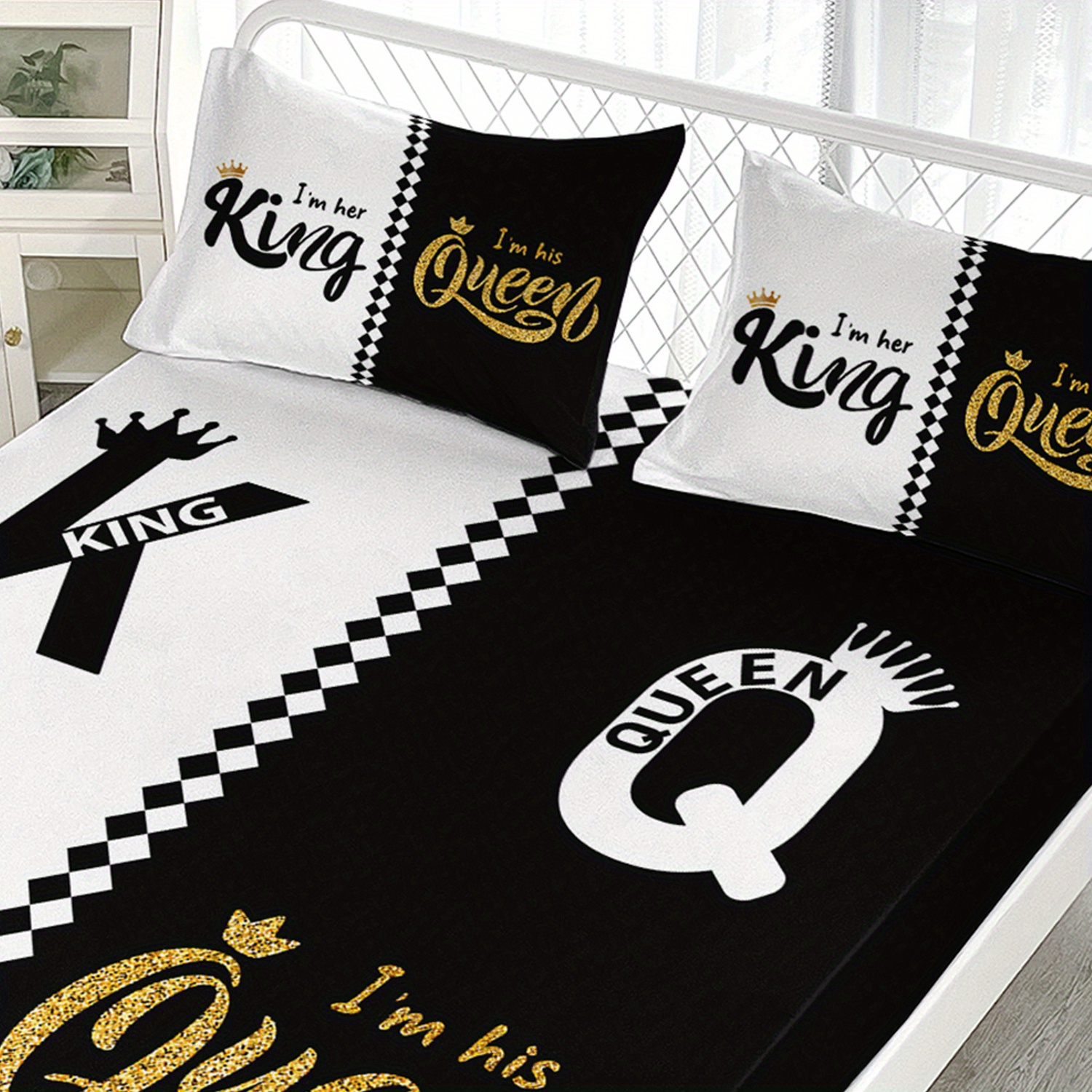 3pcs king queen fitted sheets black white printed bed sheet set for bedroom   and guest decoration couple pattern bedding set1 fitted sheet 2 pillowcases without core Product details 4