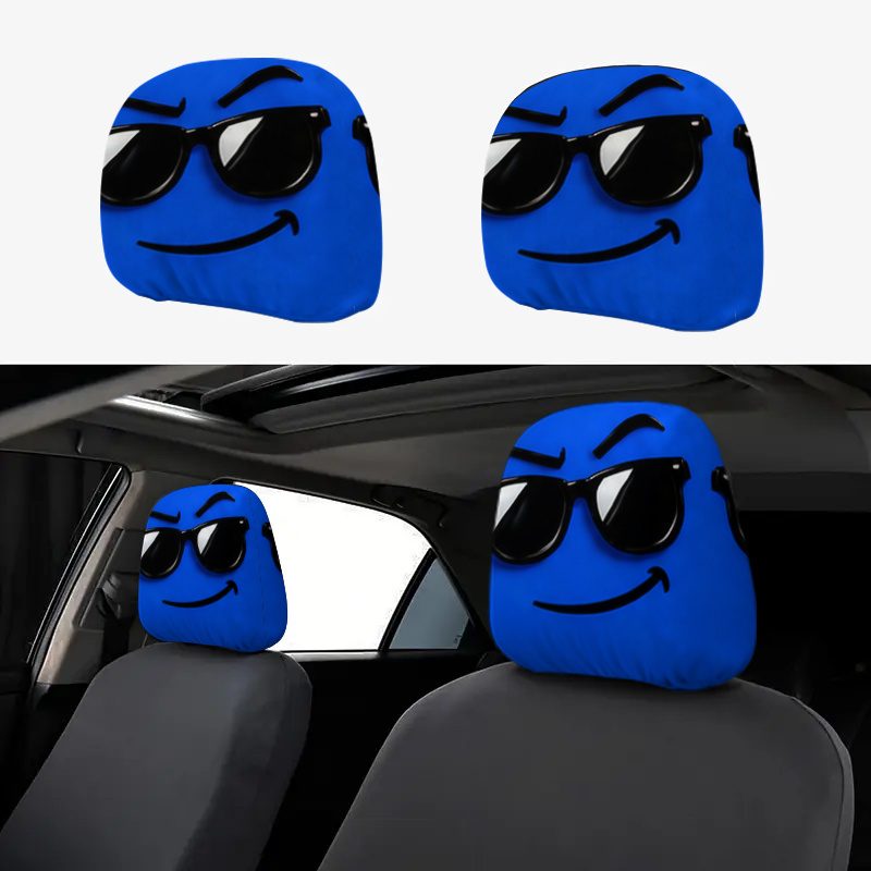 TEMU 2pcs 2d Flat Blue Glasses Printed Car Headrest Covers, Seat Cover Additions, Car Seat Protector, Suitable For Travel/daily /car Interior