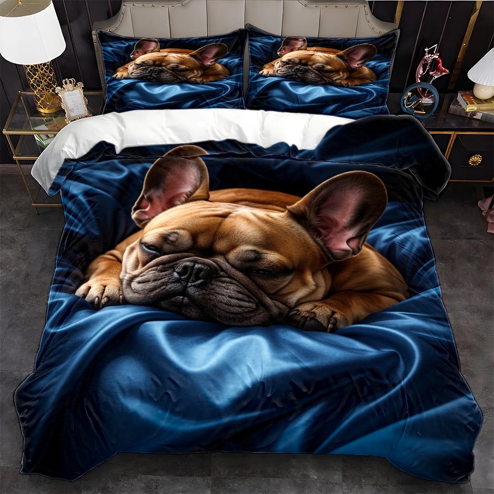 TEMU 3pcs Pet French Bulldog Printed Duvet Cover Set, Bedding 3pcs Set (1*duvet Cover   2*pillowcases), Suitable For , Machine Washable, Invisible
