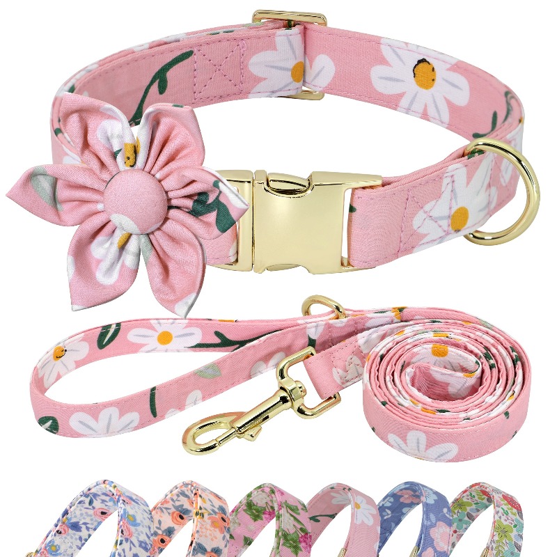Customizable Floral Print Dog Collar and Leash Set