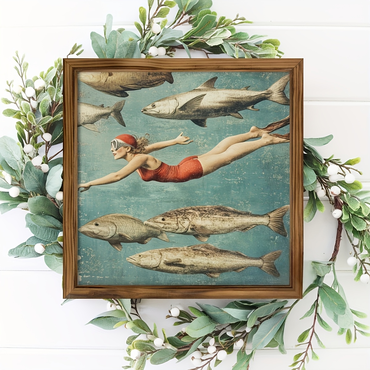 TEMU Placa Decorativa de Pared con Tema de Nadador Retro 2D y Peces de Madera, 1 pieza, Pintura Decorativa para Dormitorio, , Baño, Oficina, Cocina