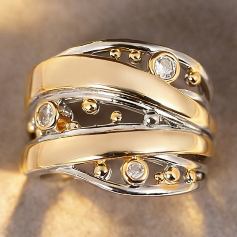 E-shop Zweifarbiger golden-silberner, gedrehter mit Zirkonia-Steven, moderner Kunsthandwerks-Statement-Ring für Damen, Mode-Schmuck Geschenk