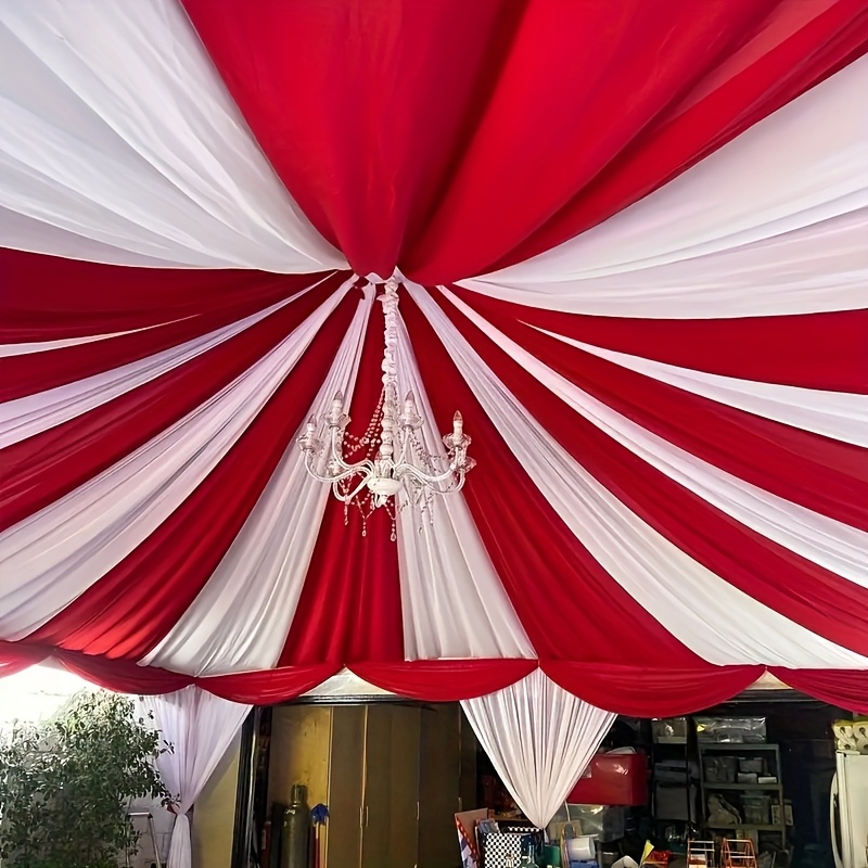 TEMU 2pcs Set Red + White Sheer Polyester Yarn Ceiling Decoration Fabric, Lightweight With Excellent Draping Texture, Suitable For Banquet Party