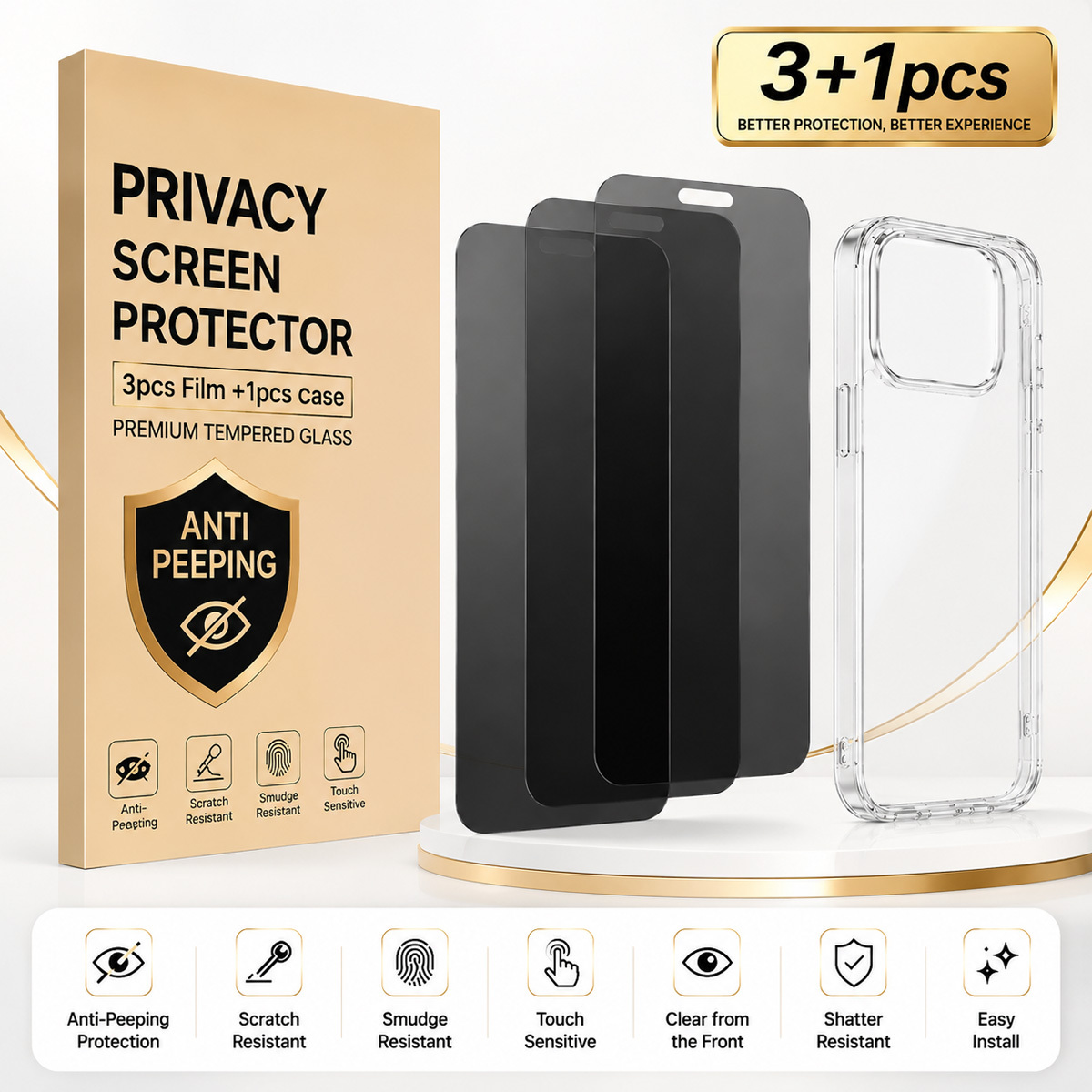 TEMU 4pcs Set: 3pcs Tempered Glass Privacy Screen Protector & 1pc Transparent Tpu Phone Case For Iphone 17/18 Pro Max/16/15 Plus/16e/14/13 Pro