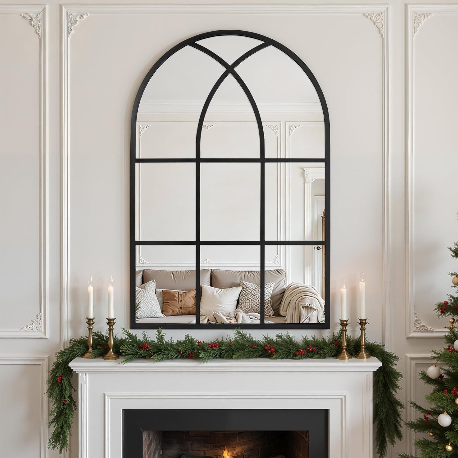 Image of Elegant Arched Wall Mirror Wall Mirror, Window Shaped Farmhouse Style With Aluminum Frame, Decorative Wall Mirror Hanging For Living Room, Courtyard, Bedroom, Entryway, Black
