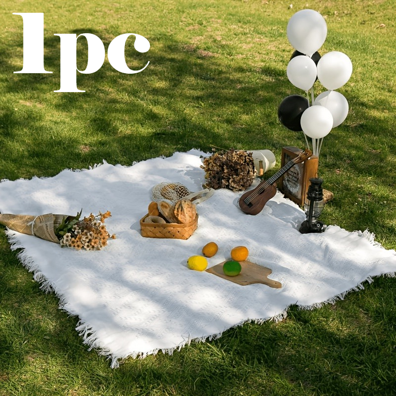 TEMU 1pc Style Picnic Mat, Portable Blanket, Foldable White Beach Blanket With Tassel Decor, Modern Bohemian Style, Suitable For Camping, Park, Lawn,