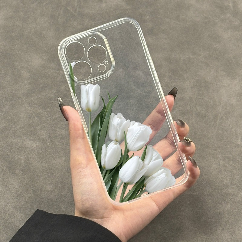 E-shop Handyhülle: 1 transparente weiche Hülle mit einem Muster aus einer Gruppe weißer Tulpen auf der Seite präzisen Aussparungen, kompatibel mit