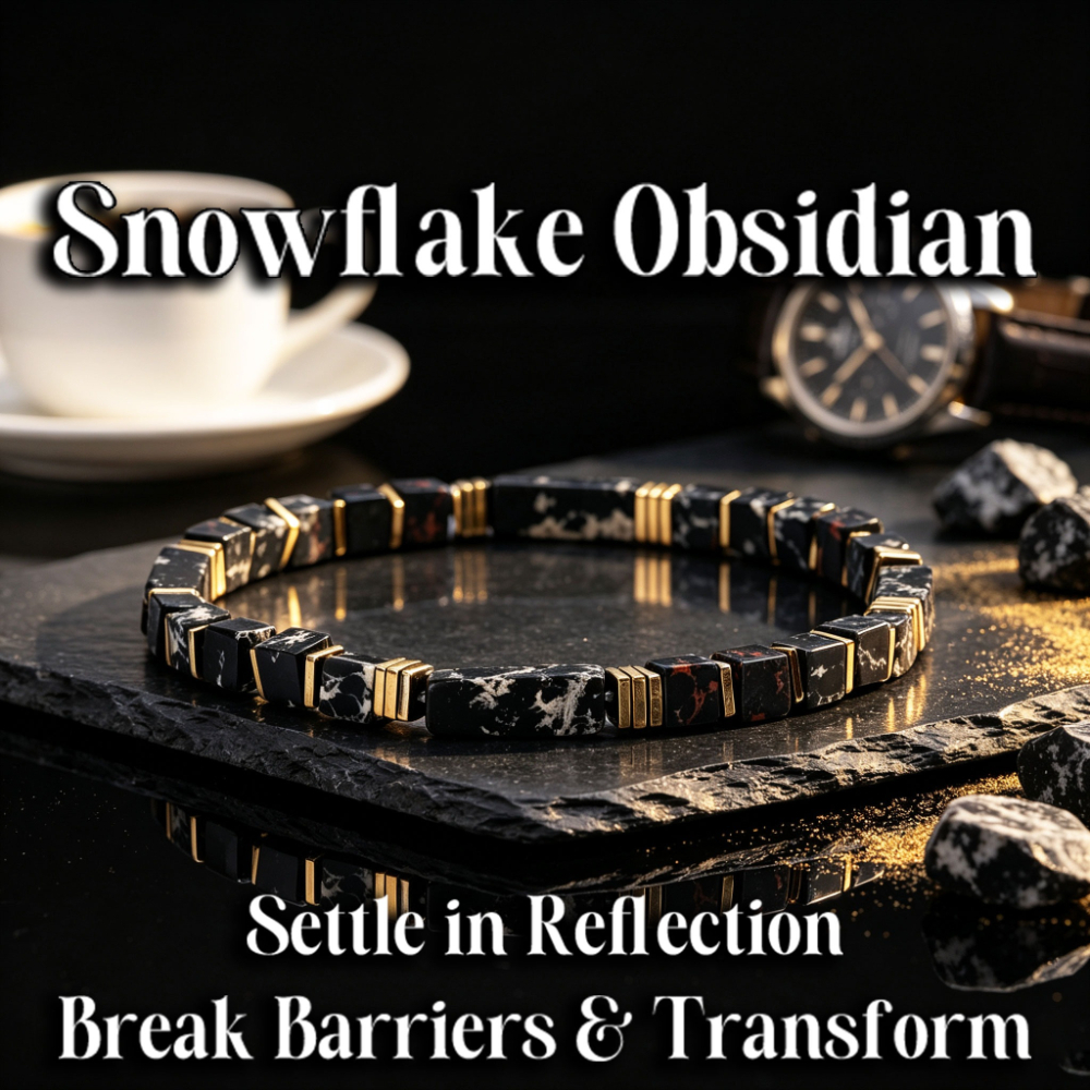 TEMU Natural Stone Snowflake Obsidian Rectangle Beaded Bracelet With Hematite Spacers, Bracelet For Reflection And Transformation, Stackable Jewelry