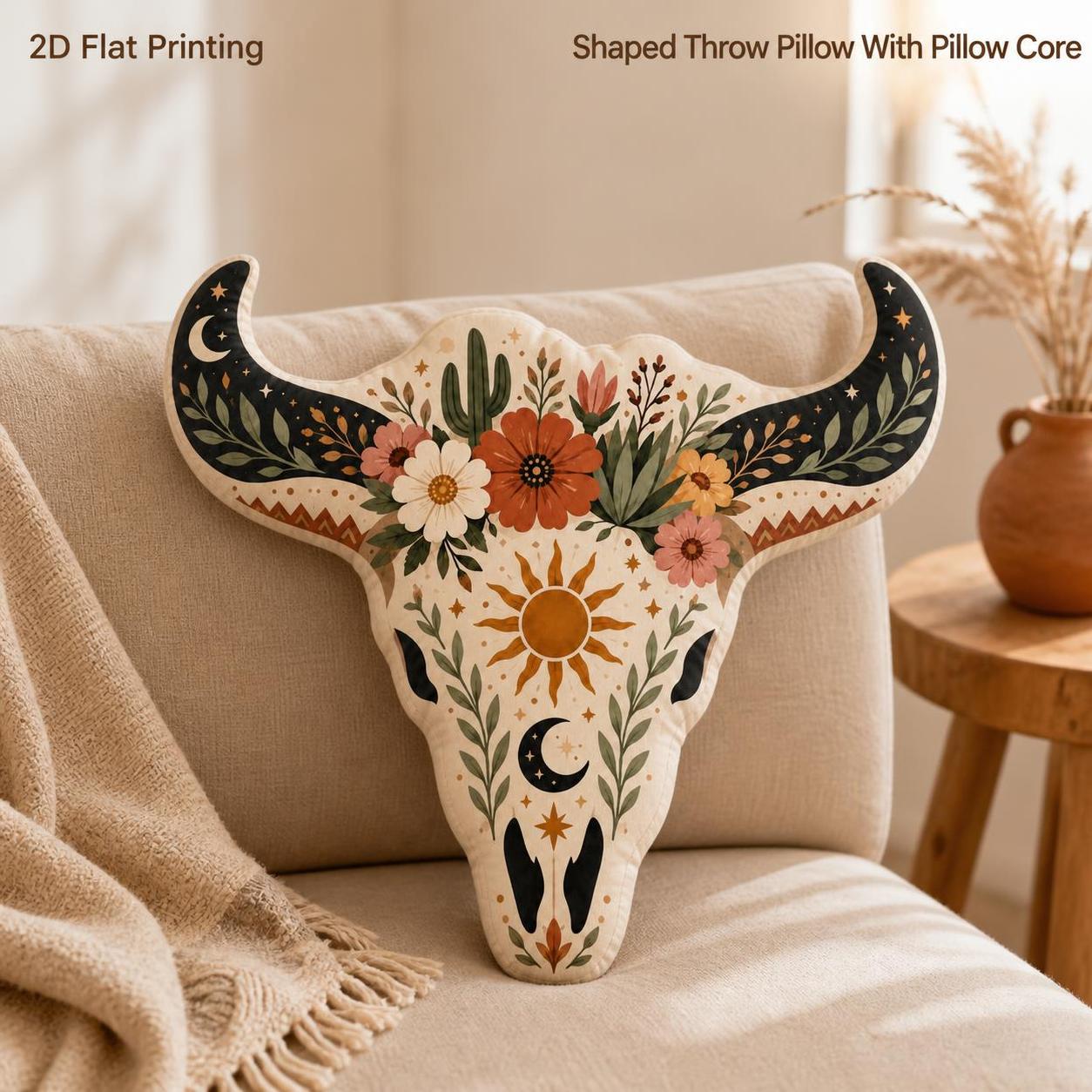 TEMU Longhorn 2d Flat Printing Shaped Stuffed Throw Pillow Decorative Cushion Pillow With Sun Moon Cactus Western Folk Style For Ranch Decor Cow Fans