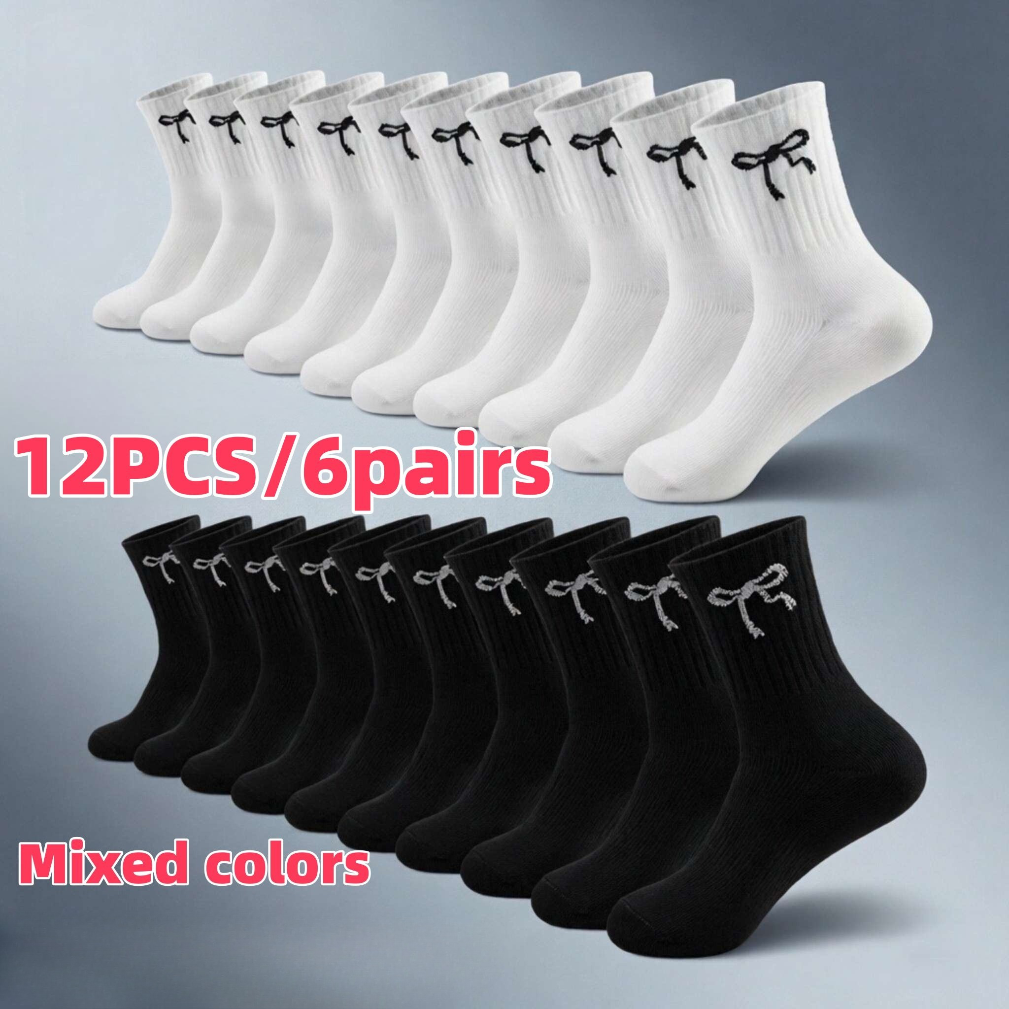 TEMU 12pcs/6 Pairs 6pcs/3 Pairs Black And White Bow Women's Mid-calf Socks - Random Colors, Spring/summer Breathable, Comfortable, Sweat-absorbent