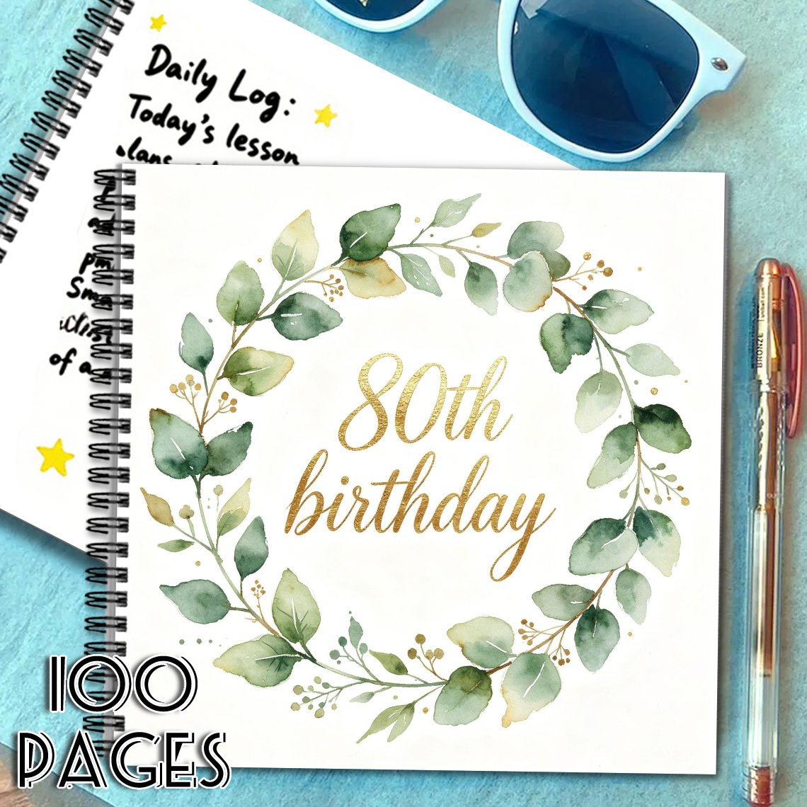 TEMU 1pc Guest Book Signature Book 80th Birthday Watercolor Green Foliage Wreath Message Sign In Notebook, Ideal Gift For Friend & Family, Suitable