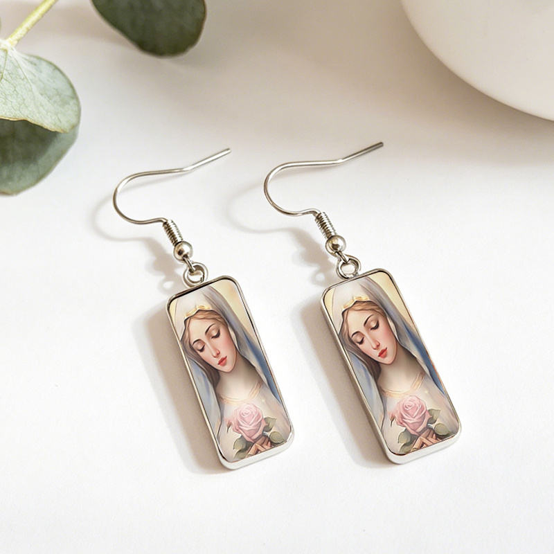 Holding Pink Rose Rectangular Glass Cabochon Dangle Earrings